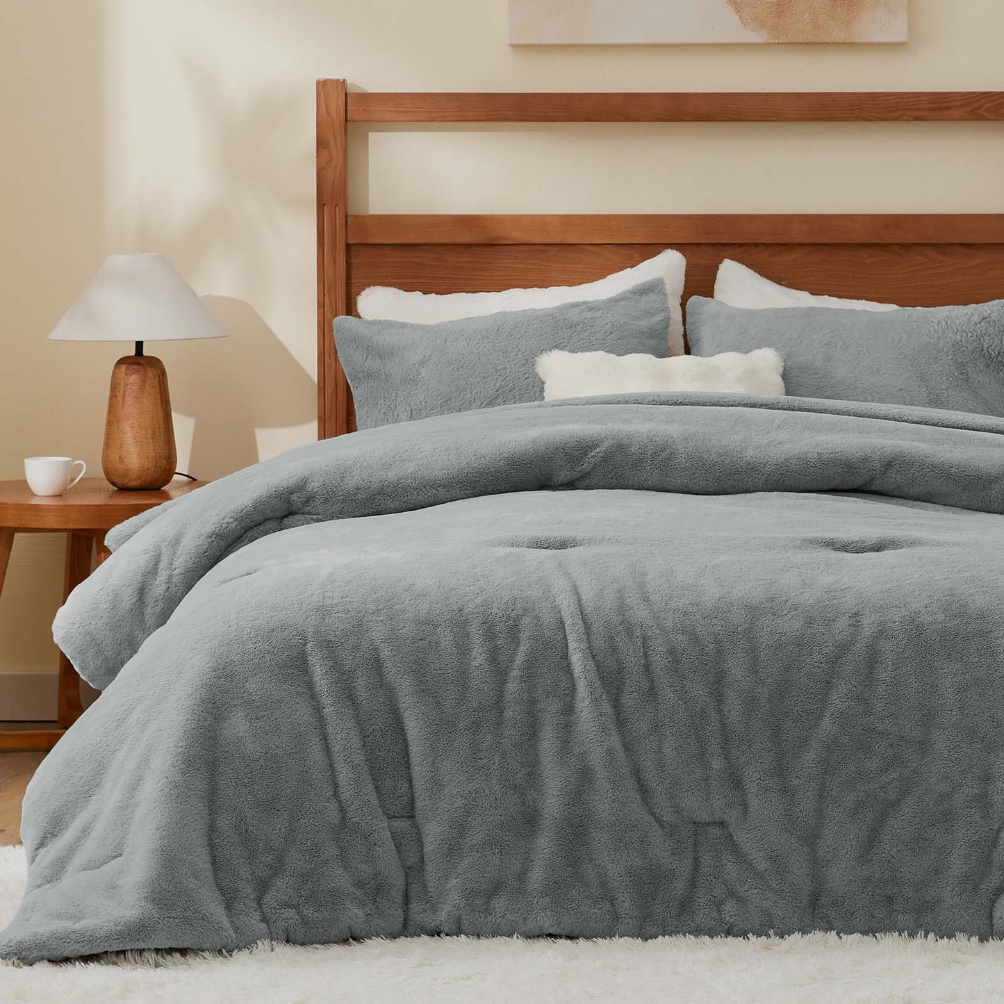 BEDELITE Faux Fur Fleece Queen Comforter Set - Fluffy & Warm Grey Comforter Queen Size,Ultra Soft and Cozy Winter Bedding Set,Fuzzy Thick Bed Set,1 Comforter and 2 Pillowcases