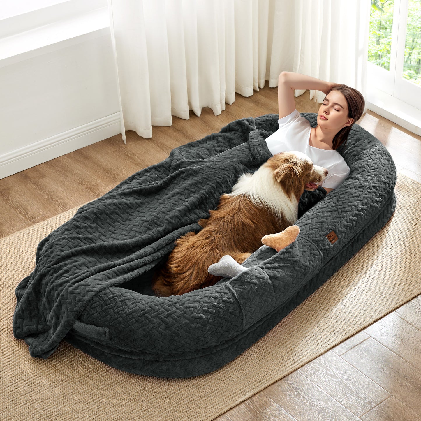 Human Dog Bed for Adult - Luxury Faux Fur Giant Size Dog Bed with Portable Handle, Egg Orthopedic Foam Bed with Blanket, 72"x40"x10"