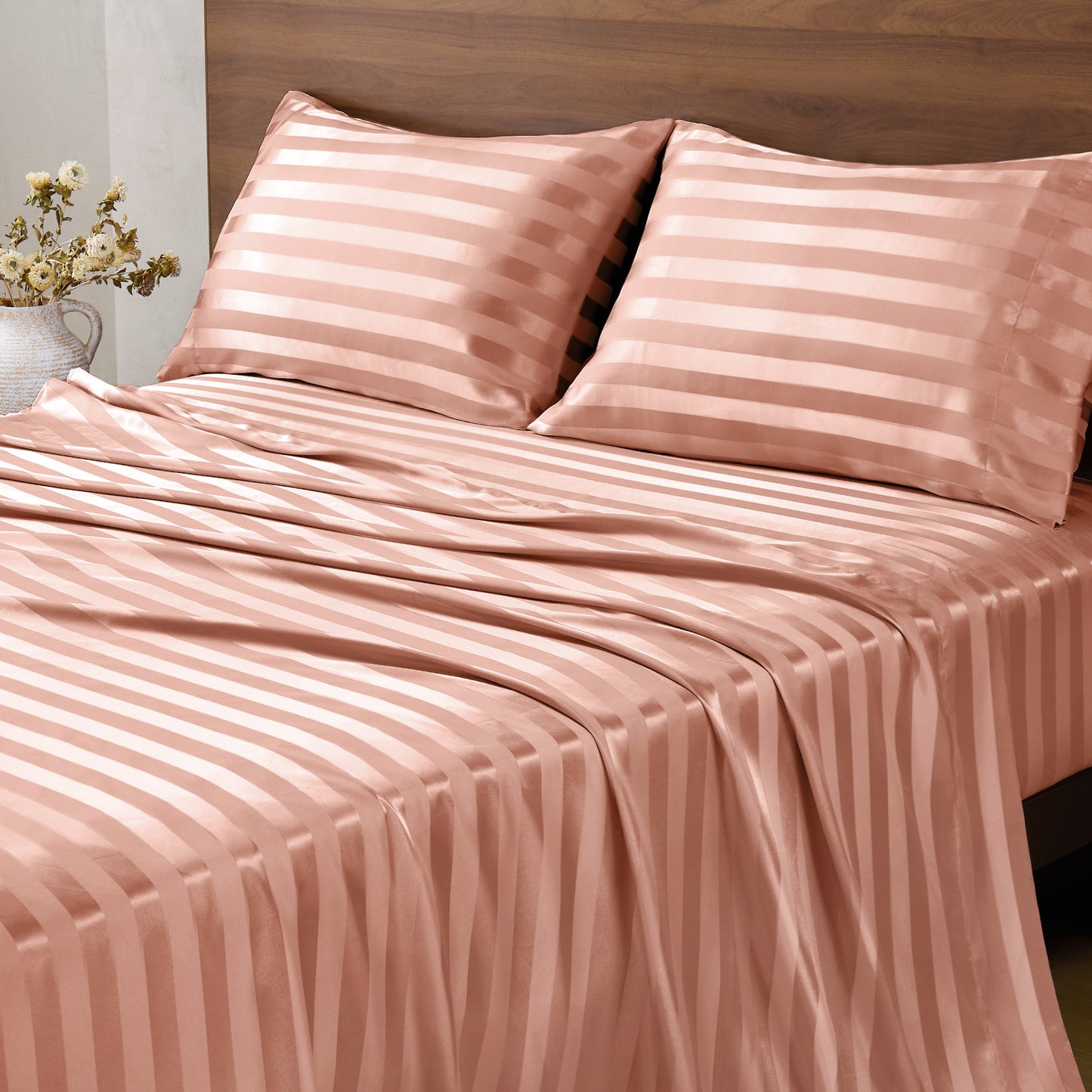 BEDELITE Satin Sheets, Luxury Jacquard Striped Bedsheets Set with Elastic Corner Straps, Similar to Silk Sheets Set with 1 Deep Pocket Fitted Sheet, 1 Flat Sheet, & Pillowcases