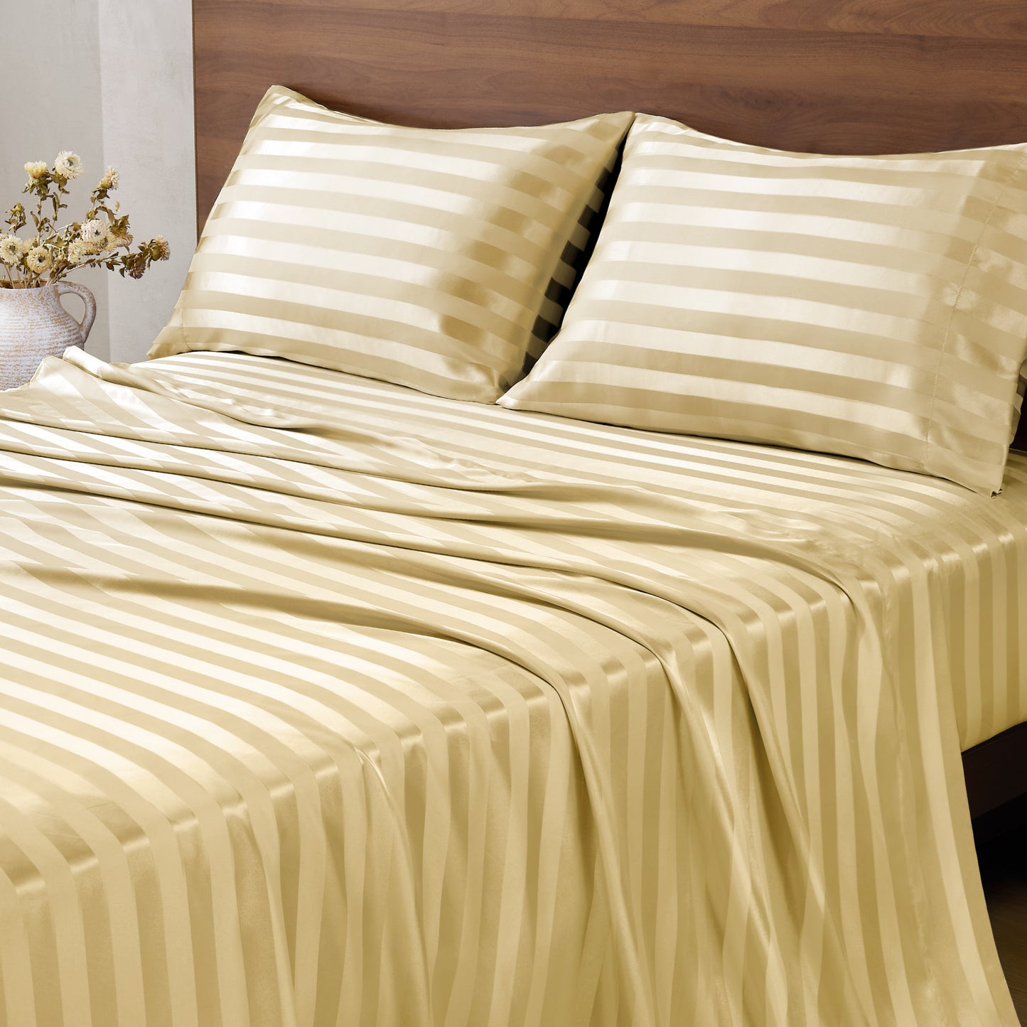 BEDELITE Satin Sheets, Luxury Jacquard Striped Bedsheets Set with Elastic Corner Straps, Similar to Silk Sheets Set with 1 Deep Pocket Fitted Sheet, 1 Flat Sheet, & Pillowcases