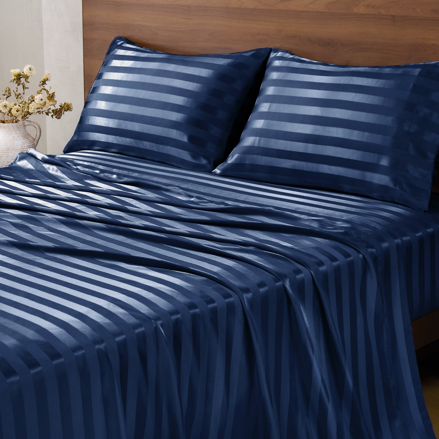 BEDELITE Satin Sheets, Luxury Jacquard Striped Bedsheets Set with Elastic Corner Straps, Similar to Silk Sheets Set with 1 Deep Pocket Fitted Sheet, 1 Flat Sheet, & Pillowcases