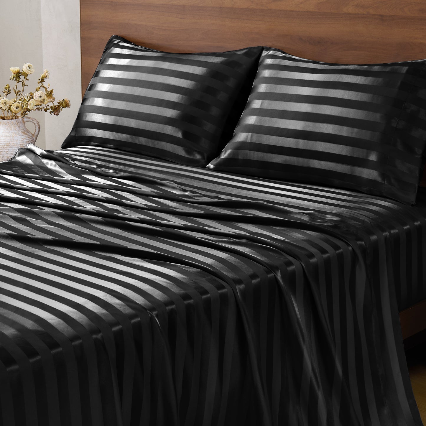 BEDELITE Satin Sheets, Luxury Jacquard Striped Bedsheets Set with Elastic Corner Straps, Similar to Silk Sheets Set with 1 Deep Pocket Fitted Sheet, 1 Flat Sheet, & Pillowcases