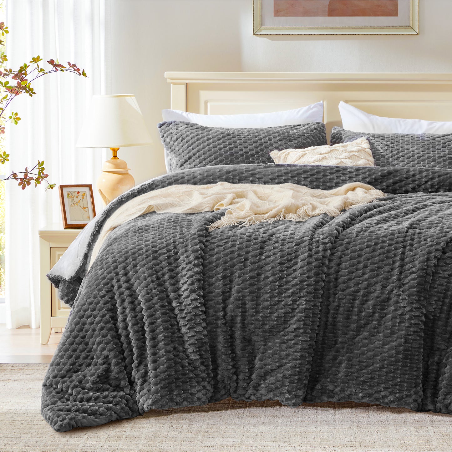 Fluffy Comforter Set - Fleece Soft Comforter for Bed, Luxury Warm Bedding Set for Winter, Fuzzy Bed Set