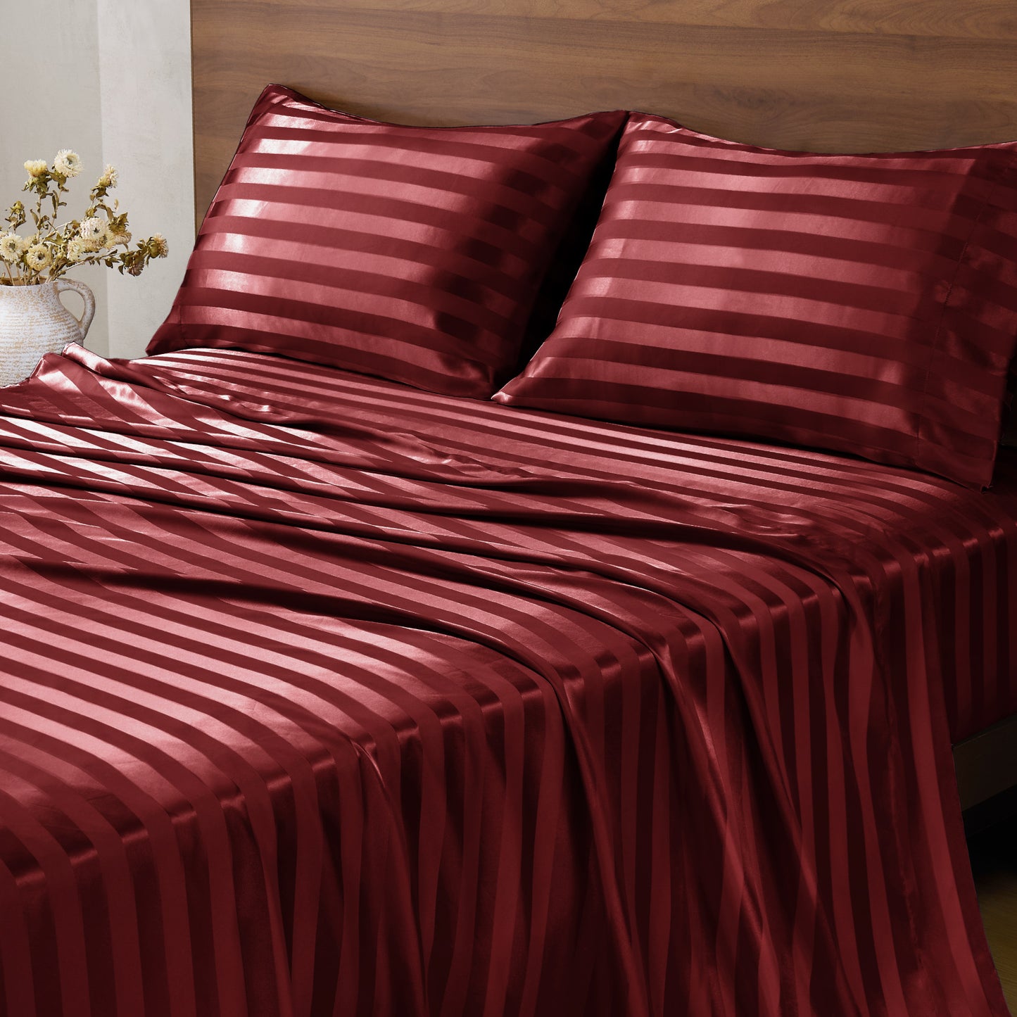 BEDELITE Satin Sheets, Luxury Jacquard Striped Bedsheets Set with Elastic Corner Straps, Similar to Silk Sheets Set with 1 Deep Pocket Fitted Sheet, 1 Flat Sheet, & Pillowcases