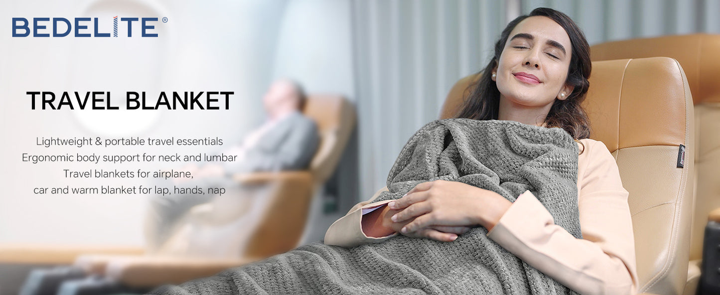 BEDELITE Travel Blanket Airplane Compact with Bag, Portable and Packable Jacquard Travel Pillow and Blanket Set, Airplane Blanket Travel Essentials with Luggage Sleeve & Backpack Clip