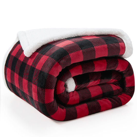 Sherpa Fleece Blankets Queen Size - Black and Red Buffalo Plaid Christmas Blanket, Super Soft Cozy Warm Thick Winter Blanket for Couch and Bed