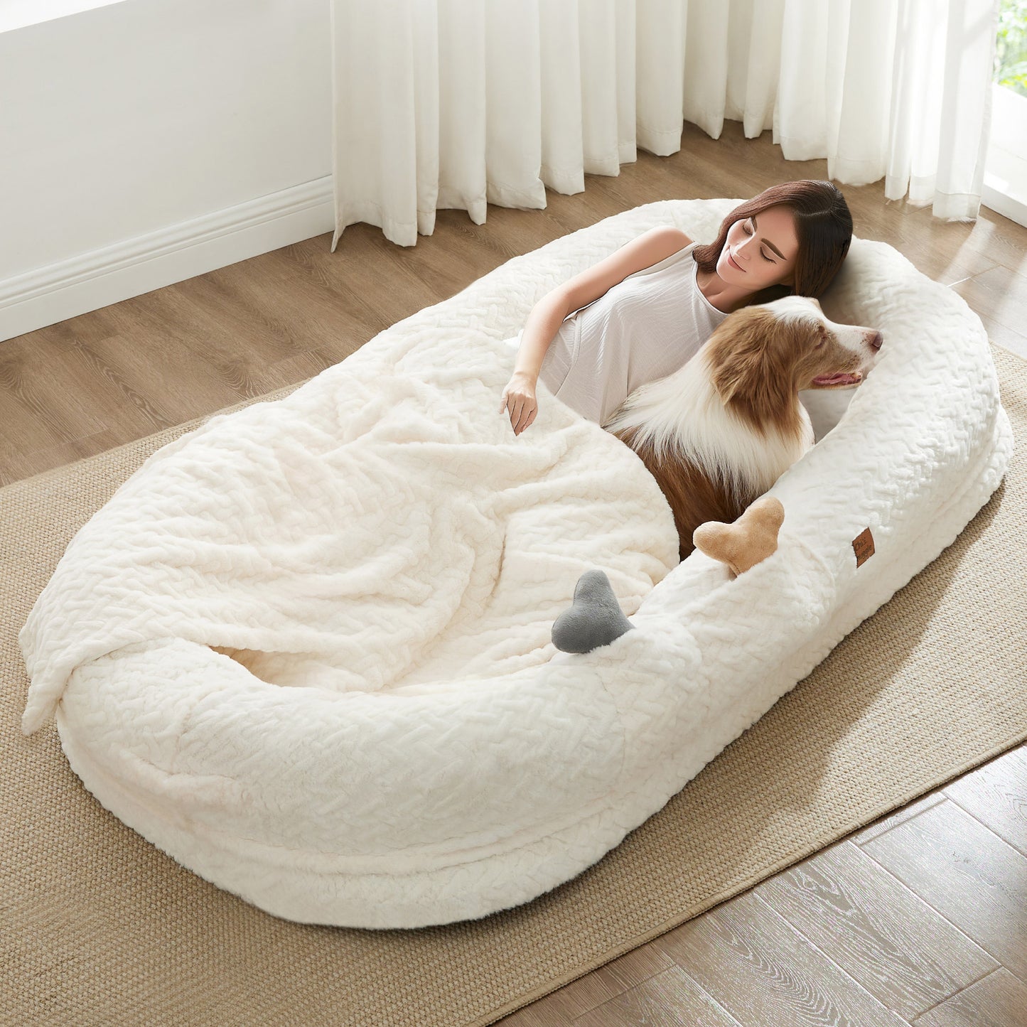 Human Dog Bed for Adult - Luxury Faux Fur Giant Size Dog Bed with Portable Handle, Egg Orthopedic Foam Bed with Blanket, 72"x40"x10"