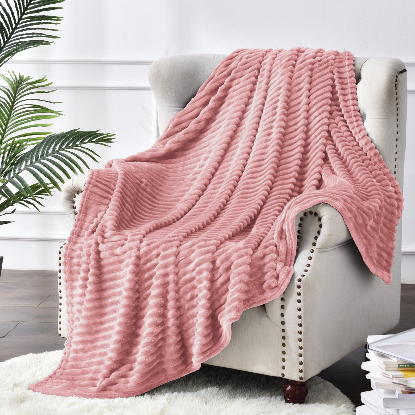 Fleece Blanket - 3D Ribbed Jacquard Decorative Throw Blanket for Couch & Bed, Lightweight Warm Cozy Soft Fuzzy Blankets All Seasons Suitable