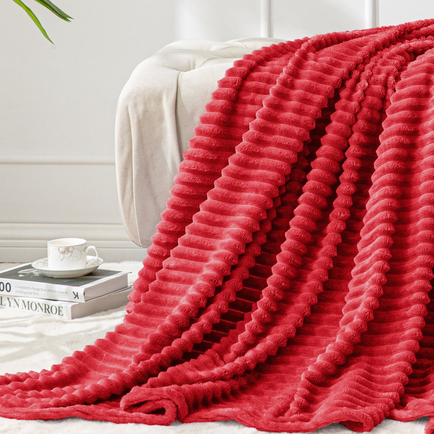 Fleece Blanket - 3D Ribbed Jacquard Decorative Throw Blanket for Couch & Bed, Lightweight Warm Cozy Soft Fuzzy Blankets All Seasons Suitable