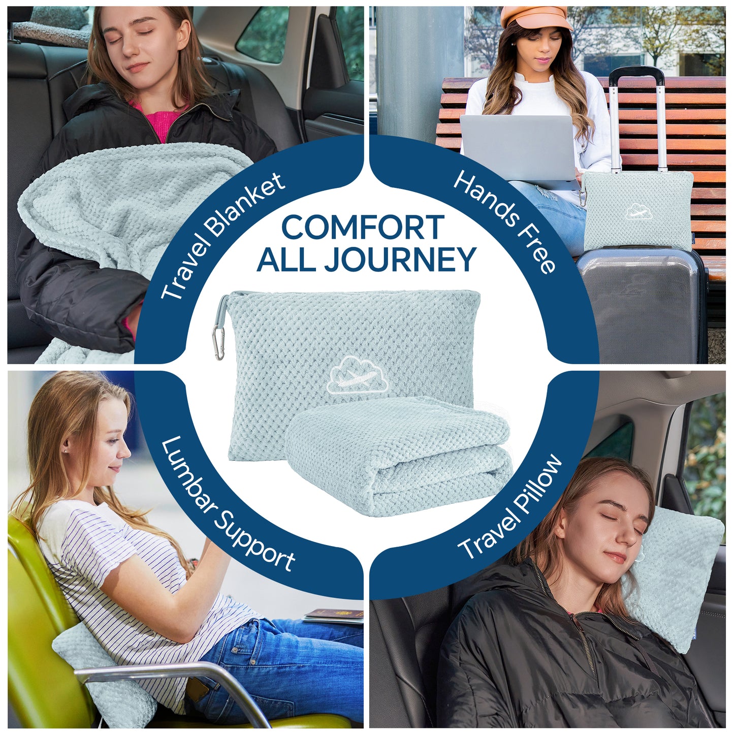 BEDELITE Travel Blanket Airplane Compact with Bag, Portable and Packable Jacquard Travel Pillow and Blanket Set, Airplane Blanket Travel Essentials with Luggage Sleeve & Backpack Clip