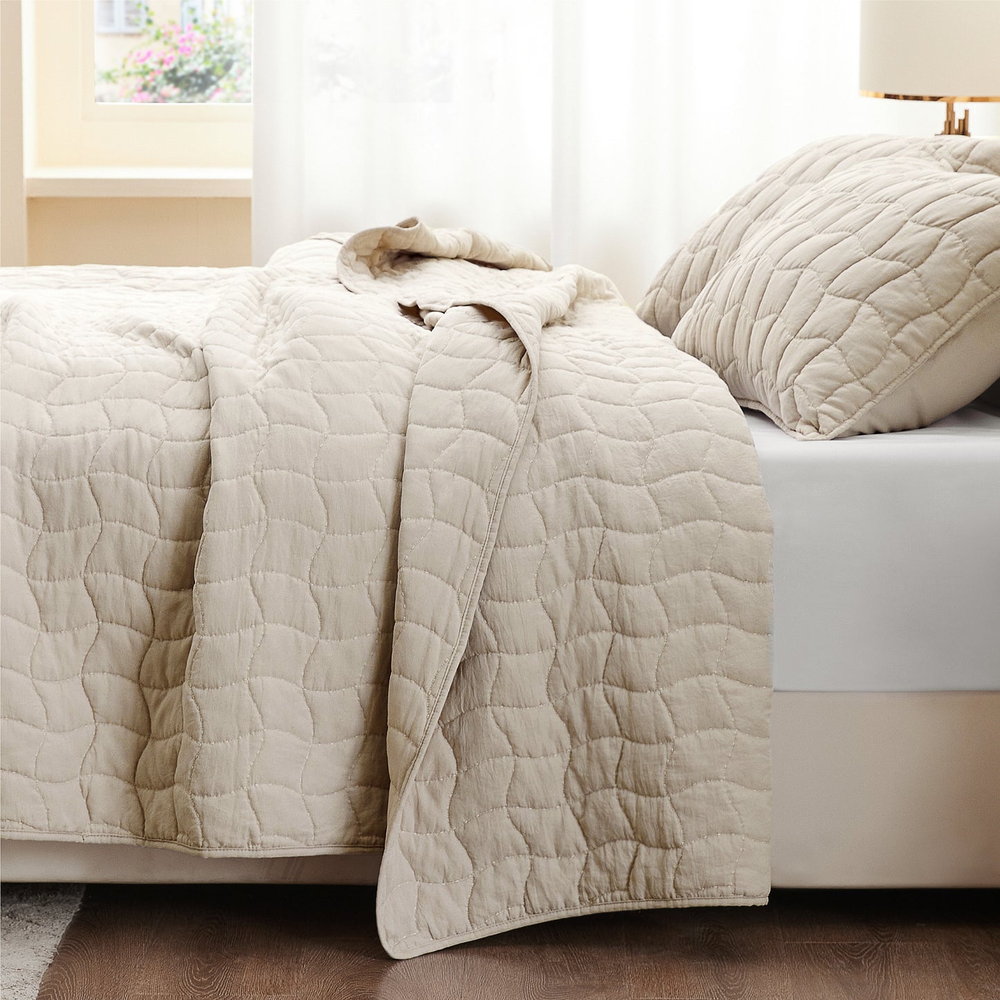 Ultra Soft Bone Quilt Set Flag Linen 3 Piece - Modern Style Bed Quilt with Rice Stitch Embroidery - Nature Bedspread Coverlet for All Seasons (Linen, Includes 1 Quilt and 2 Pillow Shams)