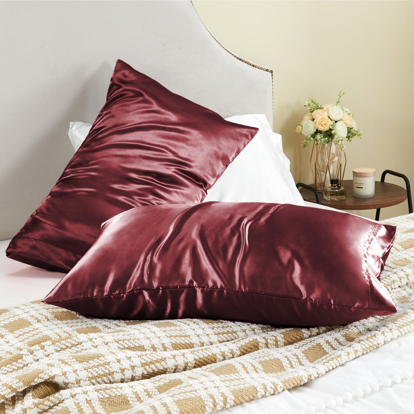 Satin Silk Pillowcase for Hair and Skin, Pillow Cases Set of 2 Pack, Super Soft Silky Pillow Case with Envelope Closure