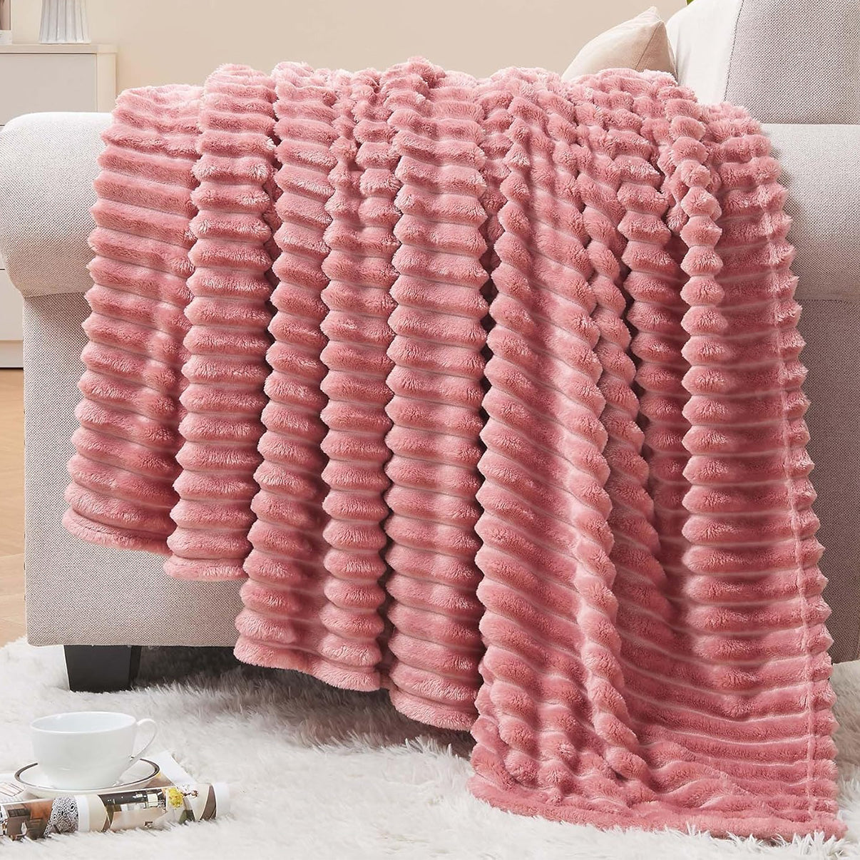 Fleece Blanket - 3D Ribbed Jacquard Decorative Throw Blanket for Couch & Bed, Lightweight Warm Cozy Soft Fuzzy Blankets All Seasons Suitable