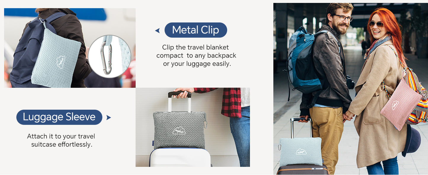 BEDELITE Travel Blanket Airplane Compact with Bag, Portable and Packable Jacquard Travel Pillow and Blanket Set, Airplane Blanket Travel Essentials with Luggage Sleeve & Backpack Clip