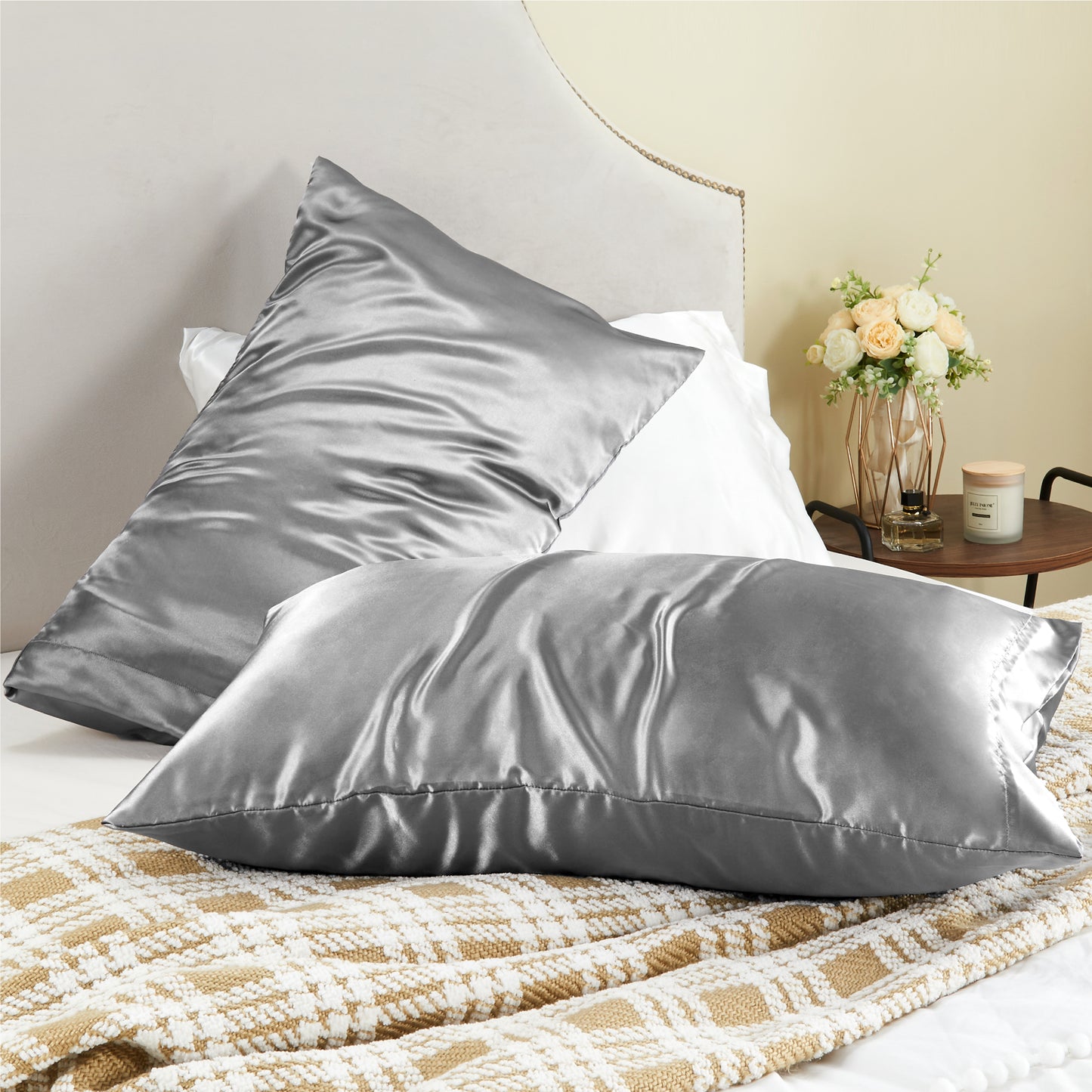 Satin Silk Pillowcase for Hair and Skin, Pillow Cases Set of 2 Pack, Super Soft Silky Pillow Case with Envelope Closure