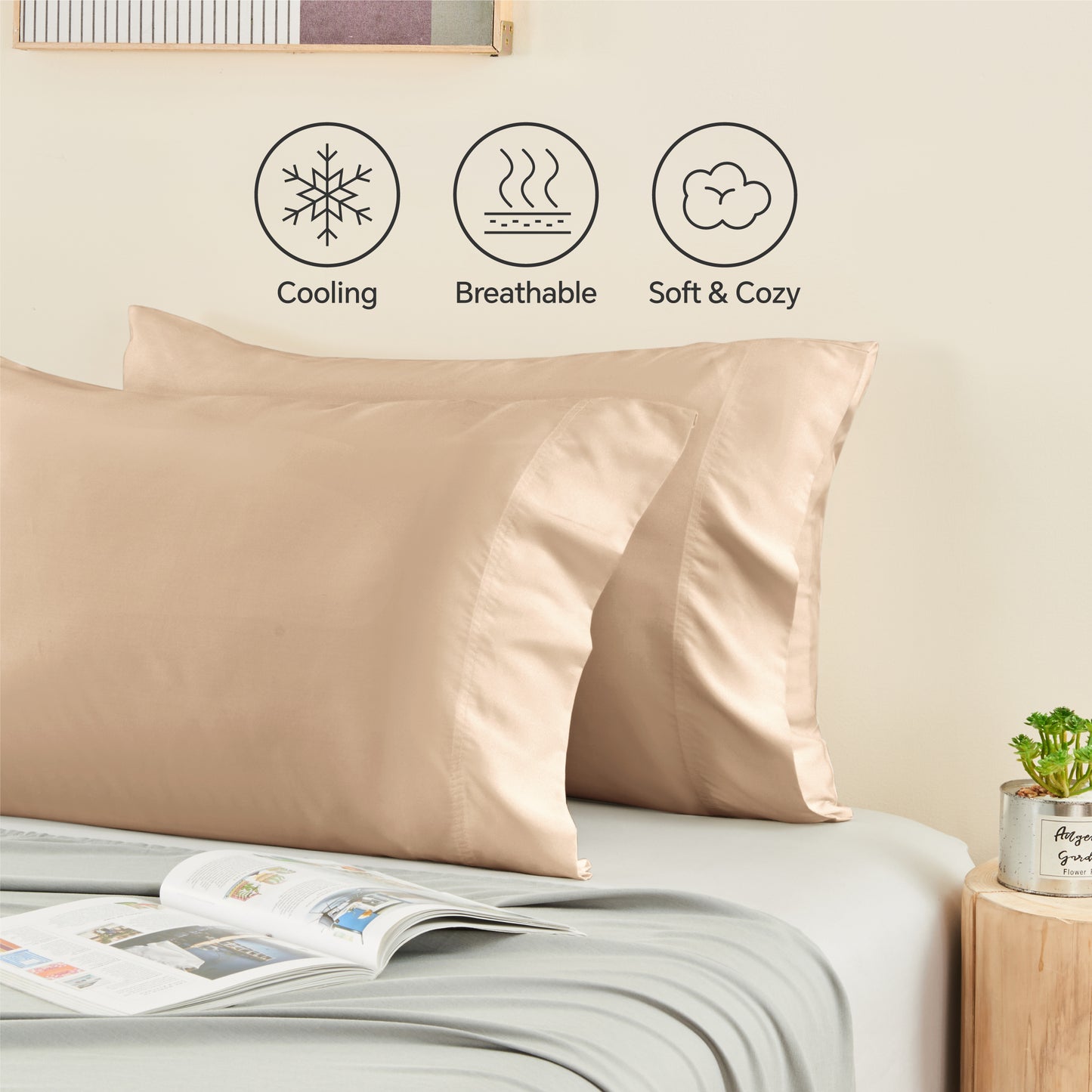 Pillow Cases Set of 2 Pack, Rayon Derived from Bamboo, Cooling Pillow Cases for Hot Sleepers & Night Sweats, Breathable and Silky Soft Envelope Pillowcases