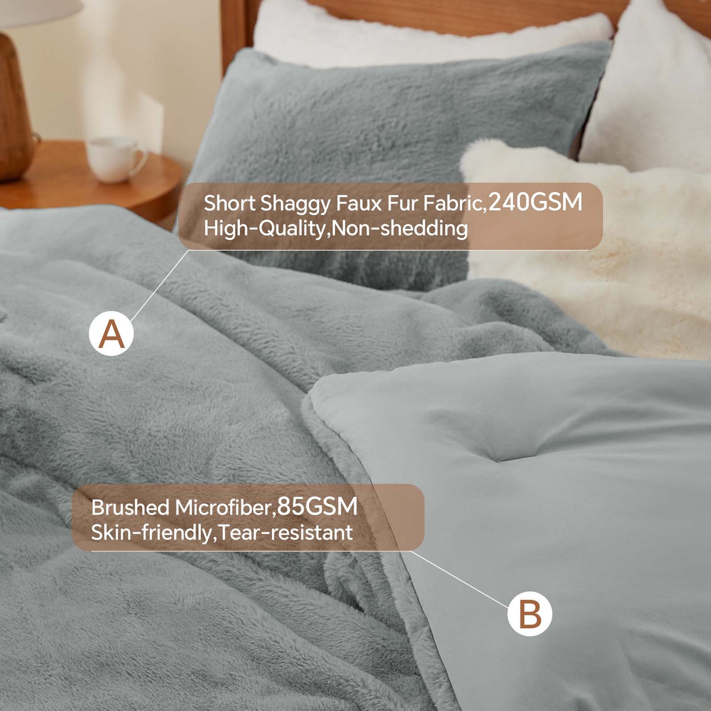 BEDELITE Faux Fur Fleece Queen Comforter Set - Fluffy & Warm Grey Comforter Queen Size,Ultra Soft and Cozy Winter Bedding Set,Fuzzy Thick Bed Set,1 Comforter and 2 Pillowcases