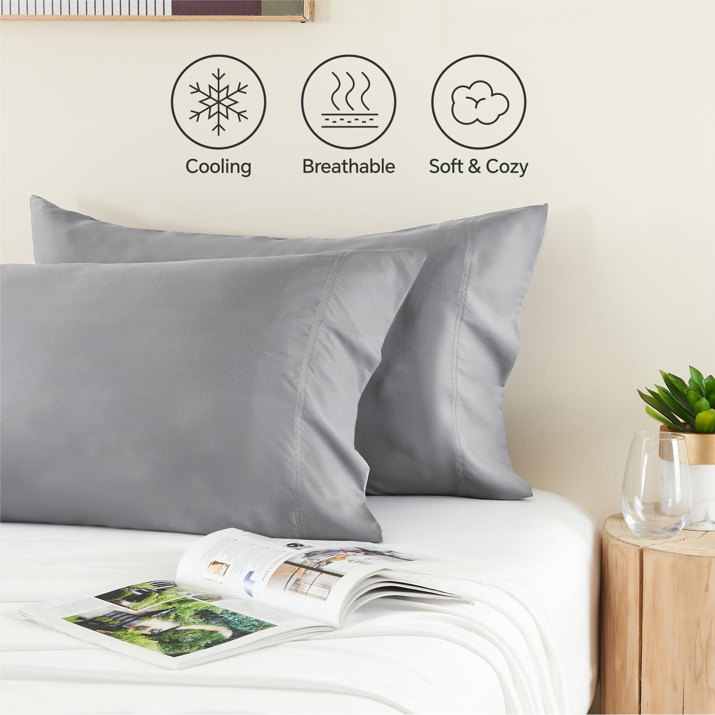 Pillow Cases Set of 2 Pack, Rayon Derived from Bamboo, Cooling Pillow Cases for Hot Sleepers & Night Sweats, Breathable and Silky Soft Envelope Pillowcases