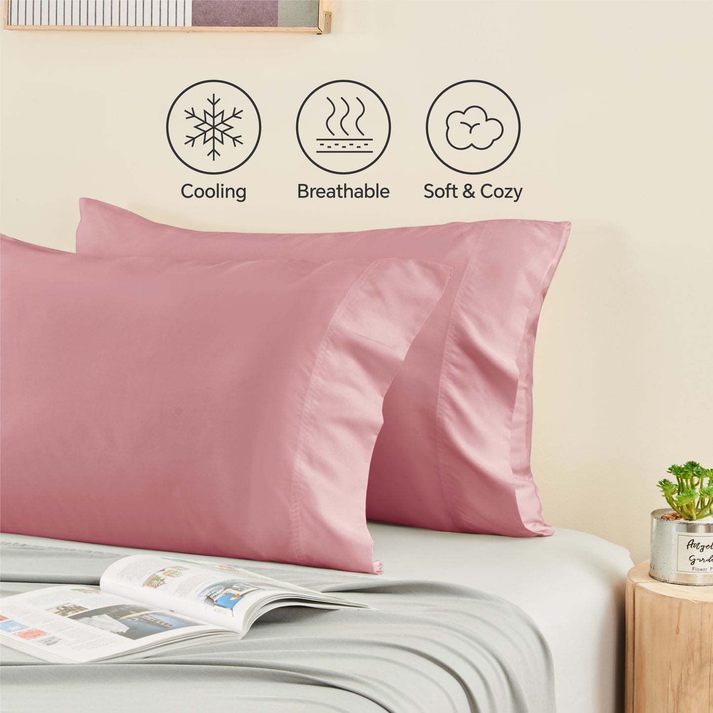 Pillow Cases Set of 2 Pack, Rayon Derived from Bamboo, Cooling Pillow Cases for Hot Sleepers & Night Sweats, Breathable and Silky Soft Envelope Pillowcases