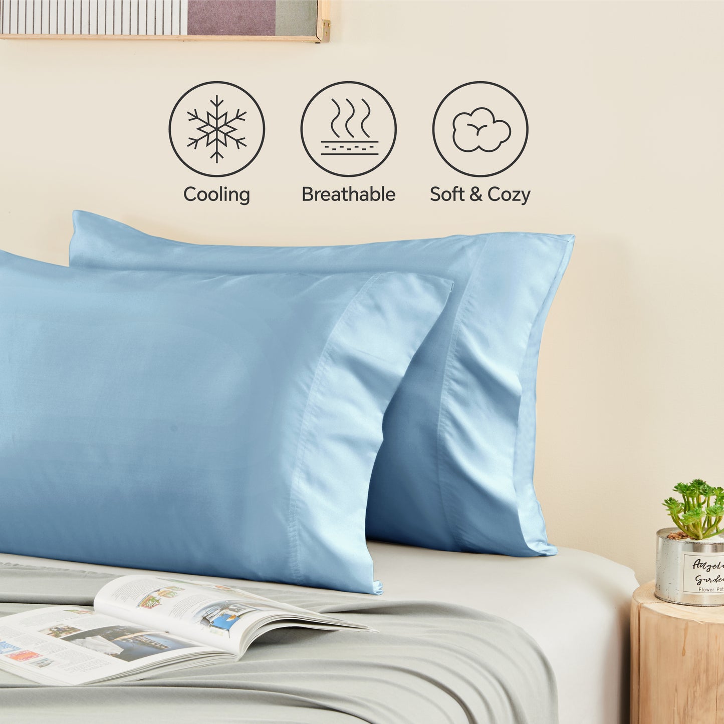 Pillow Cases Set of 2 Pack, Rayon Derived from Bamboo, Cooling Pillow Cases for Hot Sleepers & Night Sweats, Breathable and Silky Soft Envelope Pillowcases