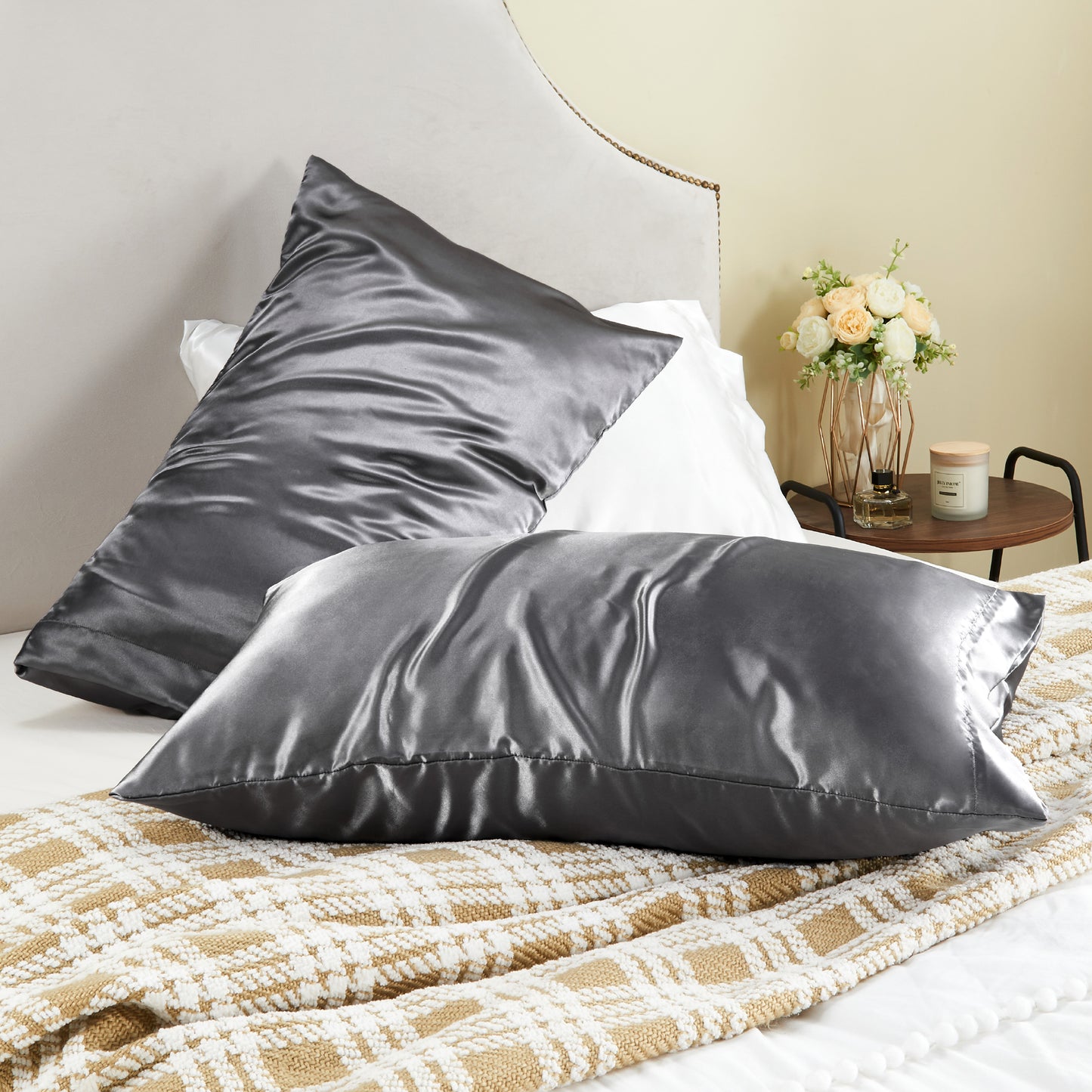 Satin Silk Pillowcase for Hair and Skin, Pillow Cases Set of 2 Pack, Super Soft Silky Pillow Case with Envelope Closure