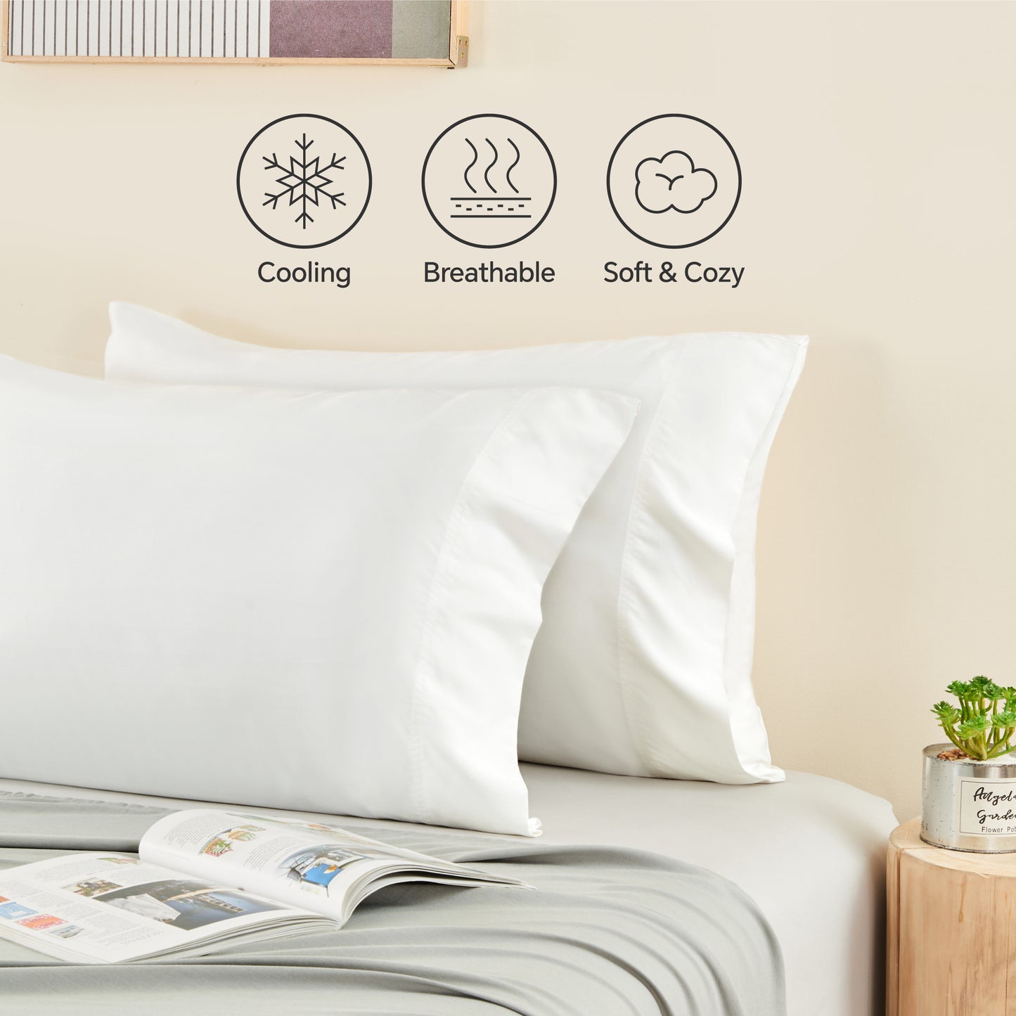Pillow Cases Set of 2 Pack, Rayon Derived from Bamboo, Cooling Pillow Cases for Hot Sleepers & Night Sweats, Breathable and Silky Soft Envelope Pillowcases