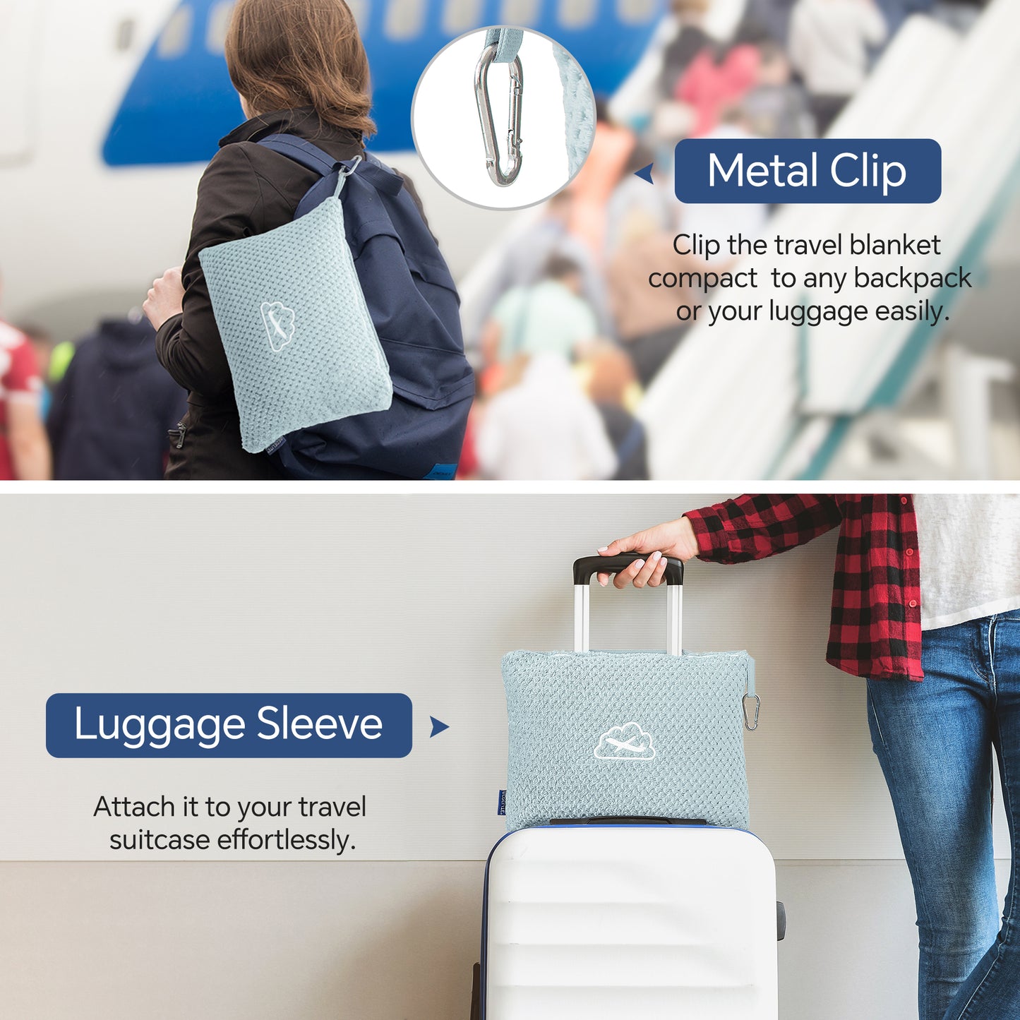 BEDELITE Travel Blanket Airplane Compact with Bag, Portable and Packable Jacquard Travel Pillow and Blanket Set, Airplane Blanket Travel Essentials with Luggage Sleeve & Backpack Clip