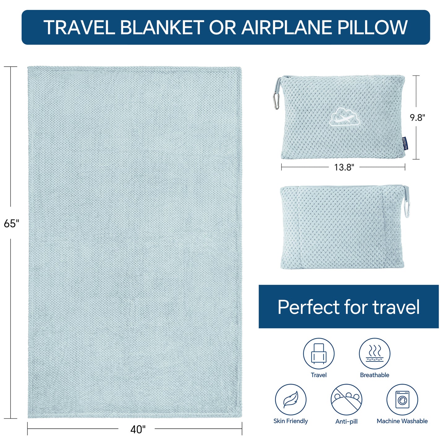 BEDELITE Travel Blanket Airplane Compact with Bag, Portable and Packable Jacquard Travel Pillow and Blanket Set, Airplane Blanket Travel Essentials with Luggage Sleeve & Backpack Clip