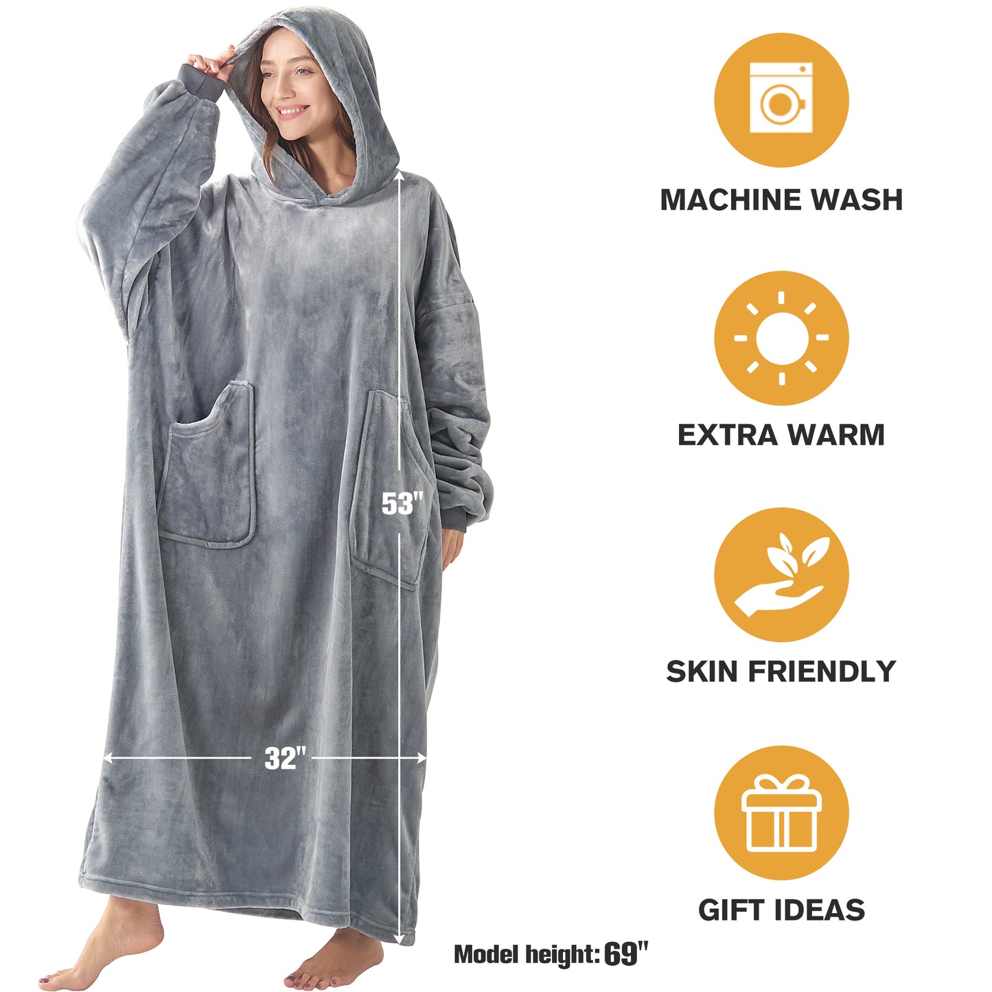 Wearable Blanket Hoodie, Oversized Long Fleece Hooded Blanket Adult, Cozy Warm Sweatshirt Blanket for Women Men Teen