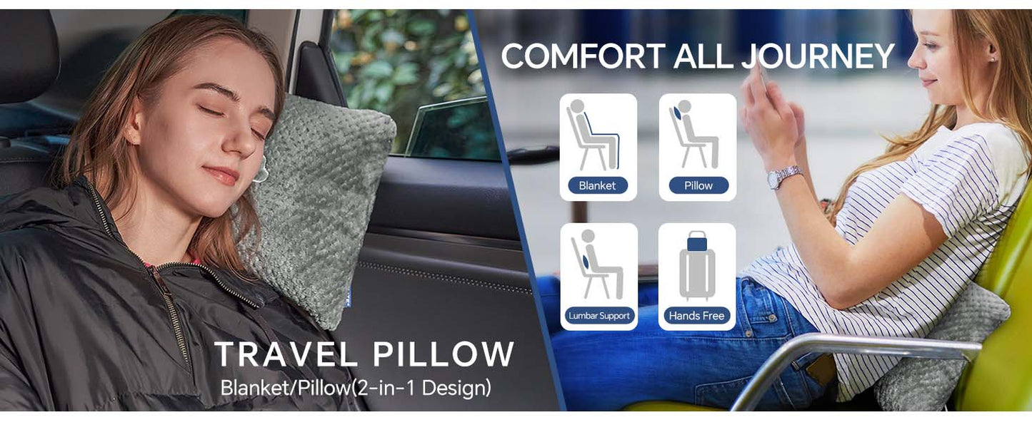 BEDELITE Travel Blanket Airplane Compact with Bag, Portable and Packable Jacquard Travel Pillow and Blanket Set, Airplane Blanket Travel Essentials with Luggage Sleeve & Backpack Clip