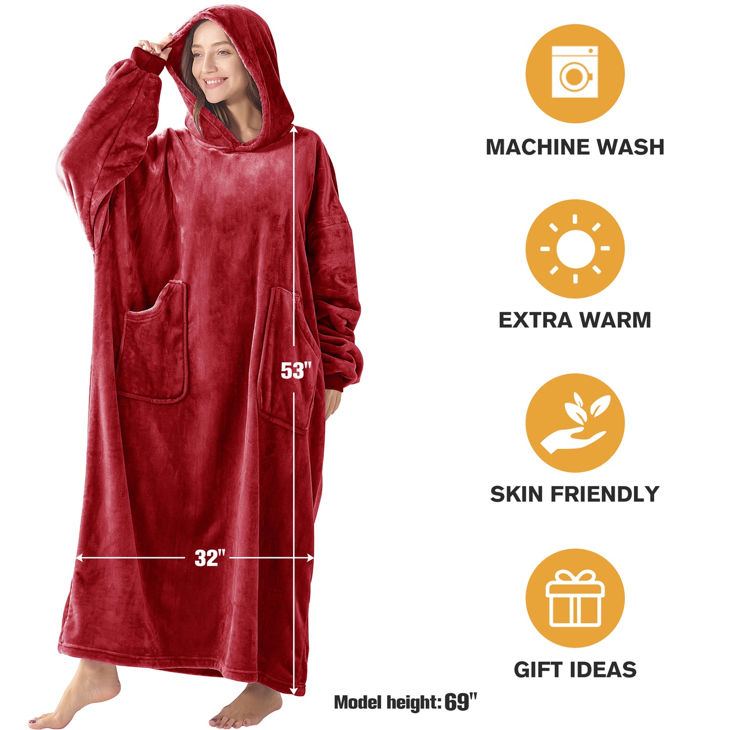 Wearable Blanket Hoodie, Oversized Long Fleece Hooded Blanket Adult, Cozy Warm Sweatshirt Blanket for Women Men Teen