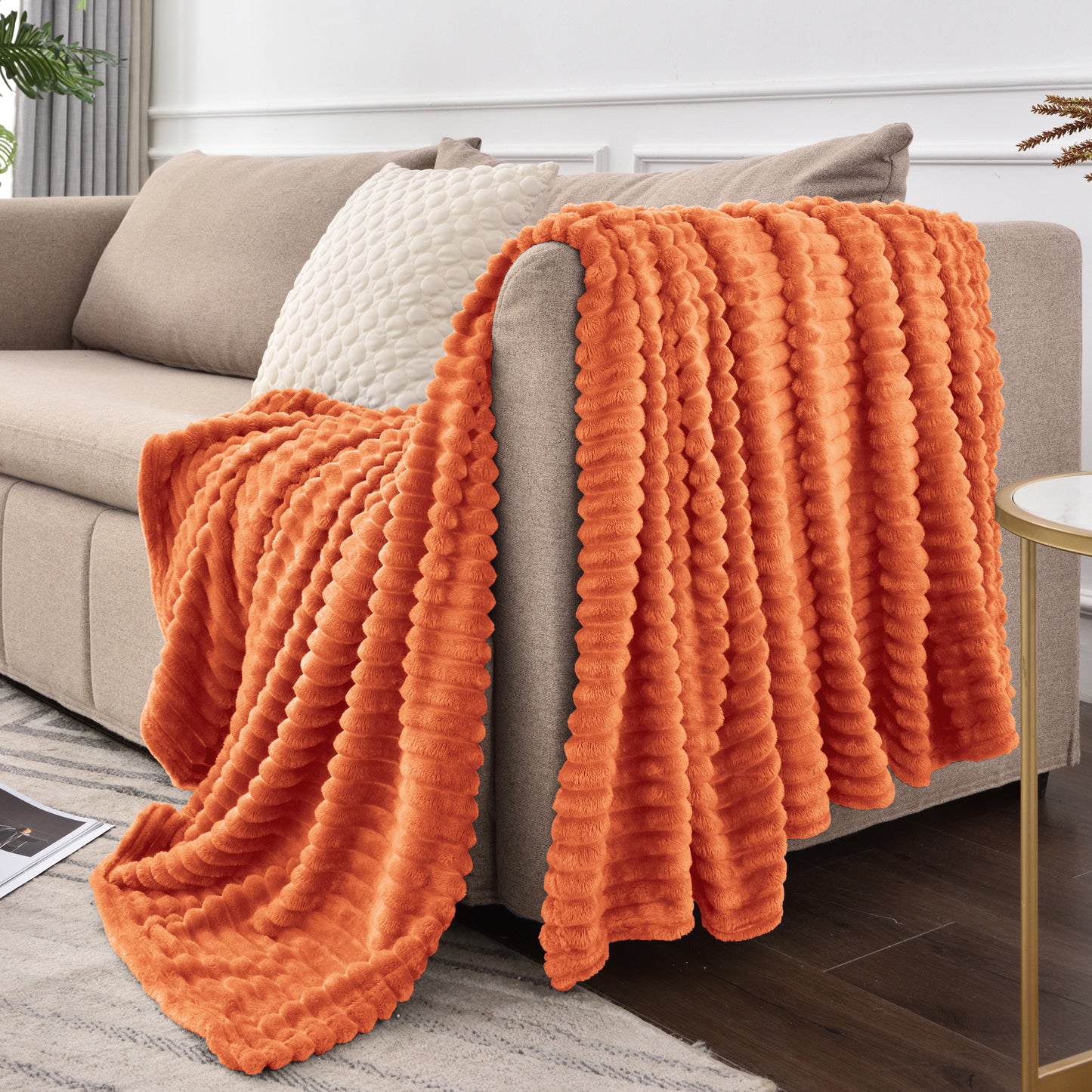 Fleece Blanket - 3D Ribbed Jacquard Decorative Throw Blanket for Couch & Bed, Lightweight Warm Cozy Soft Fuzzy Blankets All Seasons Suitable