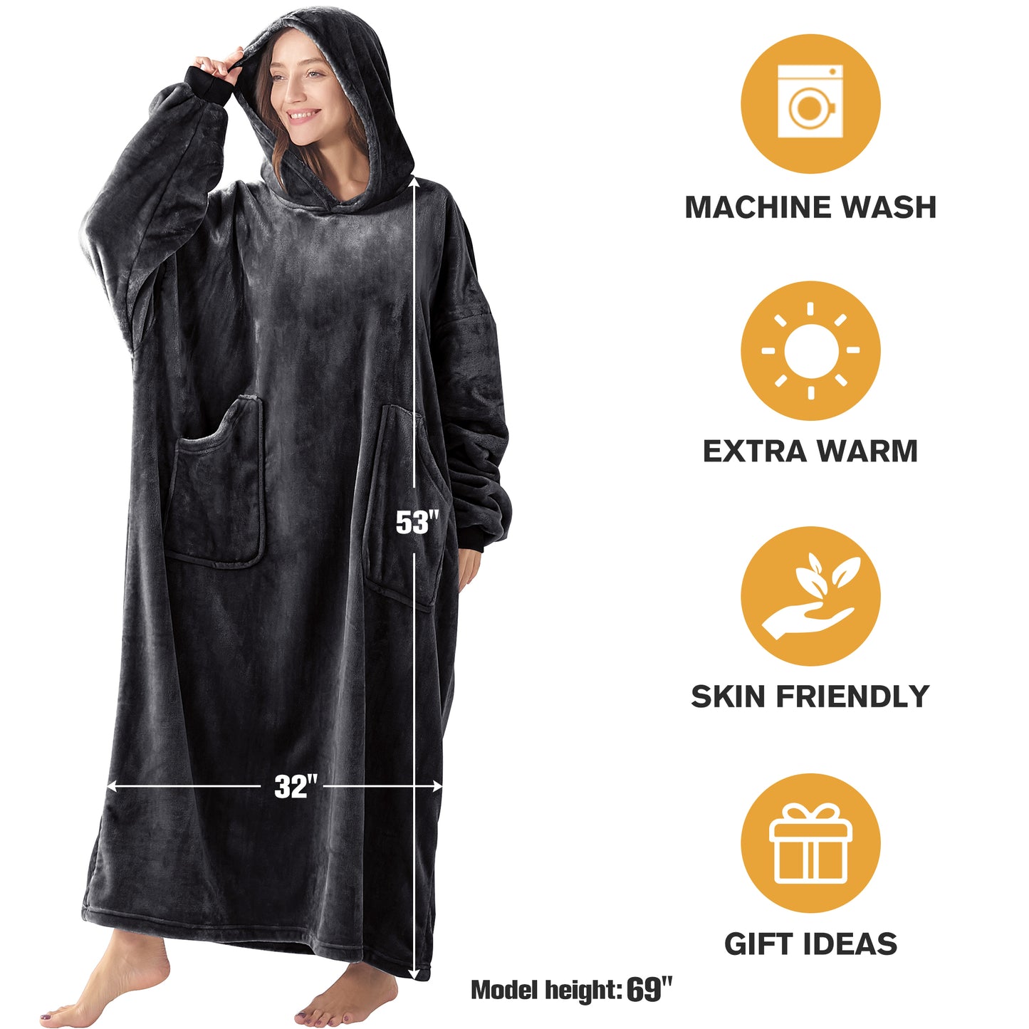 Wearable Blanket Hoodie, Oversized Long Fleece Hooded Blanket Adult, Cozy Warm Sweatshirt Blanket for Women Men Teen