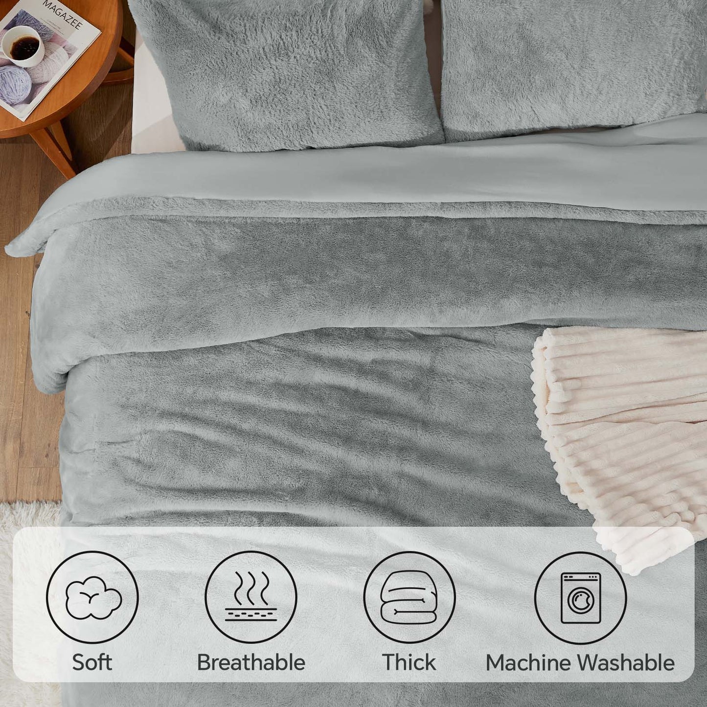 BEDELITE Faux Fur Fleece Queen Comforter Set - Fluffy & Warm Grey Comforter Queen Size,Ultra Soft and Cozy Winter Bedding Set,Fuzzy Thick Bed Set,1 Comforter and 2 Pillowcases