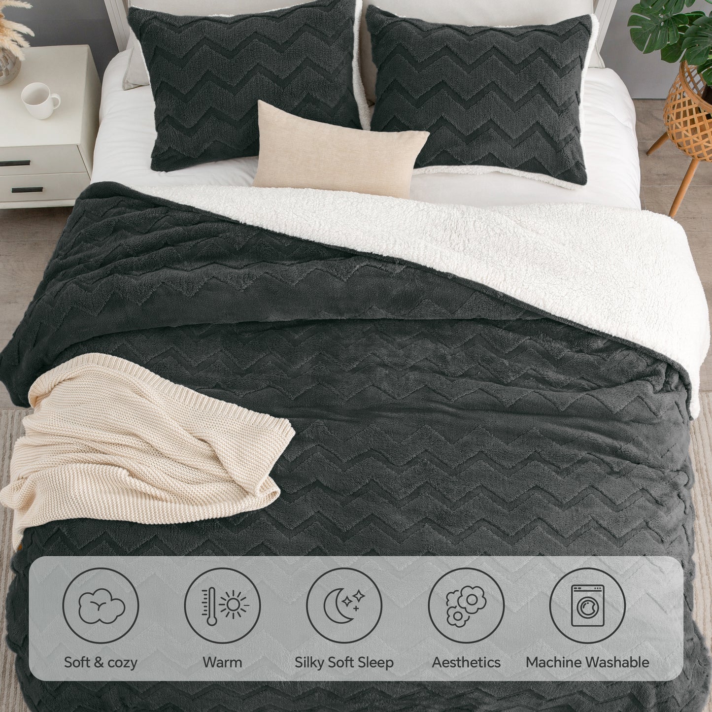 Fluffy Twin Comforter Set - Super Soft Sherpa Black Comforter for Twin Size Bed, Luxury Warm Bedding Set for Winter, Fuzzy Bed Set 2 piece