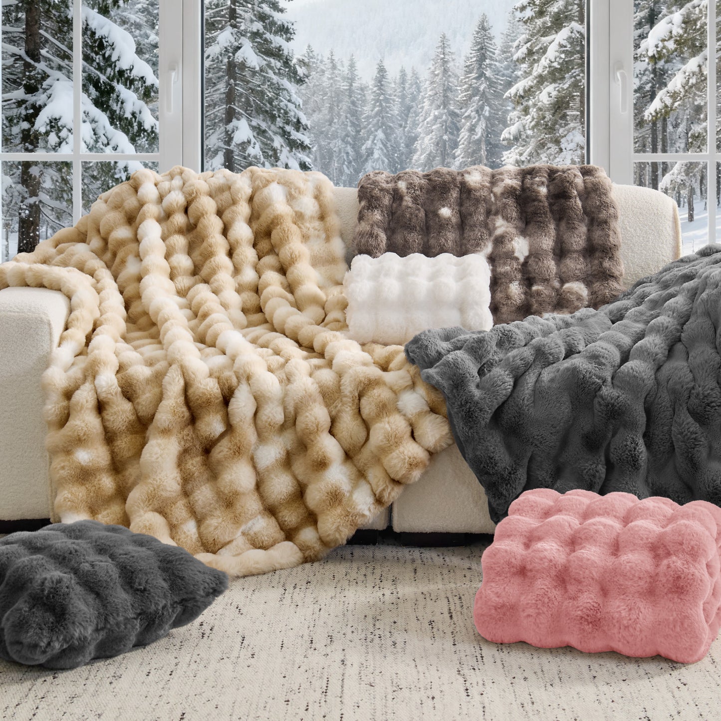 BEDELITE Faux Fur Throw Blanket, Soft Cozy Plush Bubble Blanket for Couch Sofa Bedroom Living Room Decor - 870GSM Thick Warm Fuzzy Fluffy Faux Rabbit Fur Blanket