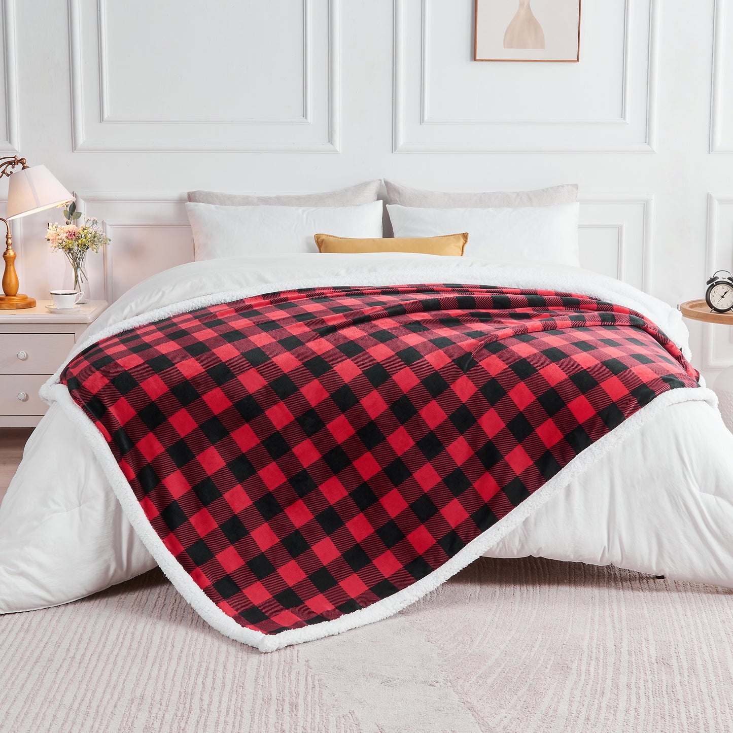 Sherpa Fleece Blankets Queen Size - Black and Red Buffalo Plaid Christmas Blanket, Super Soft Cozy Warm Thick Winter Blanket for Couch and Bed