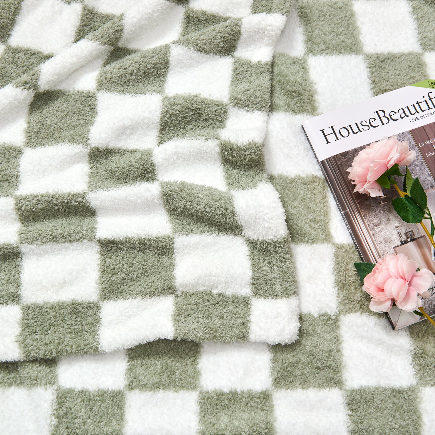 Checkered Blankets Queen Size - Ultra Soft Cozy Knit Fluffy Blanket, 350GSM Thick Warm Winter Large Blanket for Couch, Bed