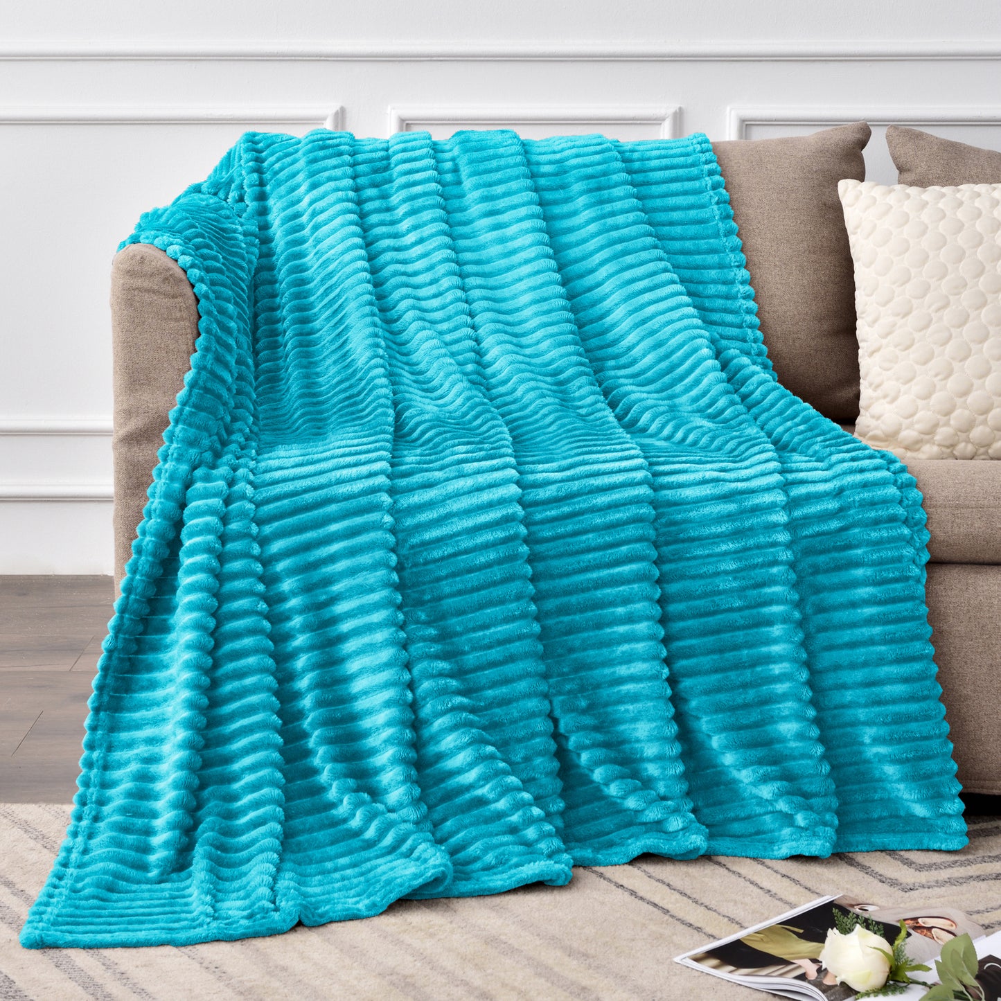Fleece Blanket - 3D Ribbed Jacquard Decorative Throw Blanket for Couch & Bed, Lightweight Warm Cozy Soft Fuzzy Blankets All Seasons Suitable