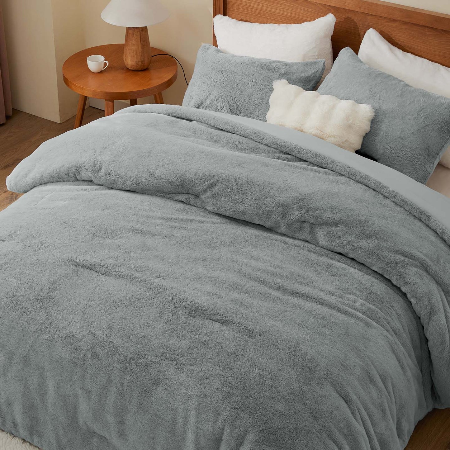 BEDELITE Faux Fur Fleece Queen Comforter Set - Fluffy & Warm Grey Comforter Queen Size,Ultra Soft and Cozy Winter Bedding Set,Fuzzy Thick Bed Set,1 Comforter and 2 Pillowcases