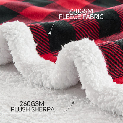 Sherpa Fleece Blankets Queen Size - Black and Red Buffalo Plaid Christmas Blanket, Super Soft Cozy Warm Thick Winter Blanket for Couch and Bed
