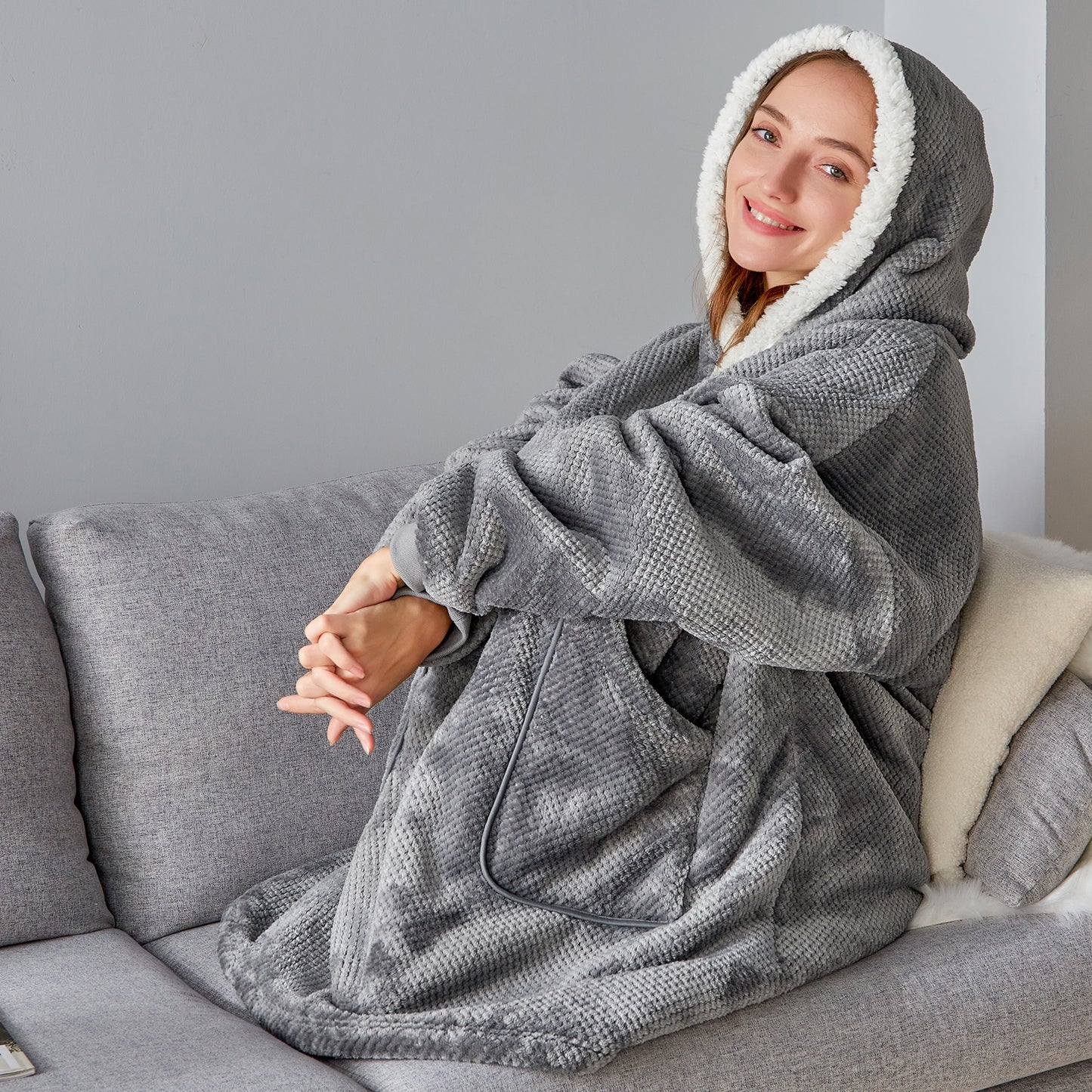 Wearable Blanket Hoodie, Oversized Cozy Warm Sherpa Hooded Blanket Adult, Long Sweatshirt Blanket for Women Men Teen