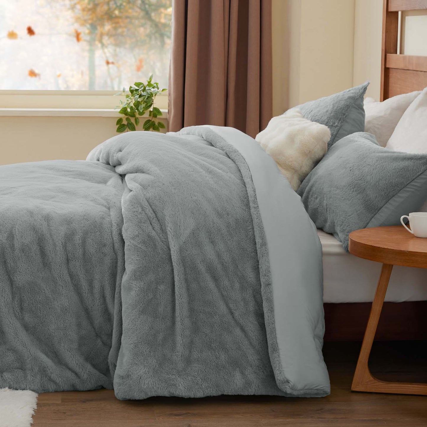 BEDELITE Faux Fur Fleece Queen Comforter Set - Fluffy & Warm Grey Comforter Queen Size,Ultra Soft and Cozy Winter Bedding Set,Fuzzy Thick Bed Set,1 Comforter and 2 Pillowcases