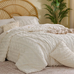 Tufted Boho Farmhouse Comforter Set Cream color king size