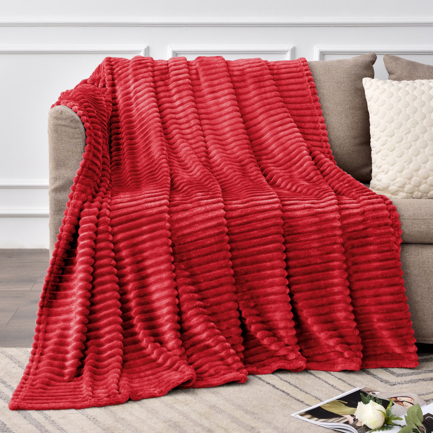 Fleece Blanket - 3D Ribbed Jacquard Decorative Throw Blanket for Couch & Bed, Lightweight Warm Cozy Soft Fuzzy Blankets All Seasons Suitable