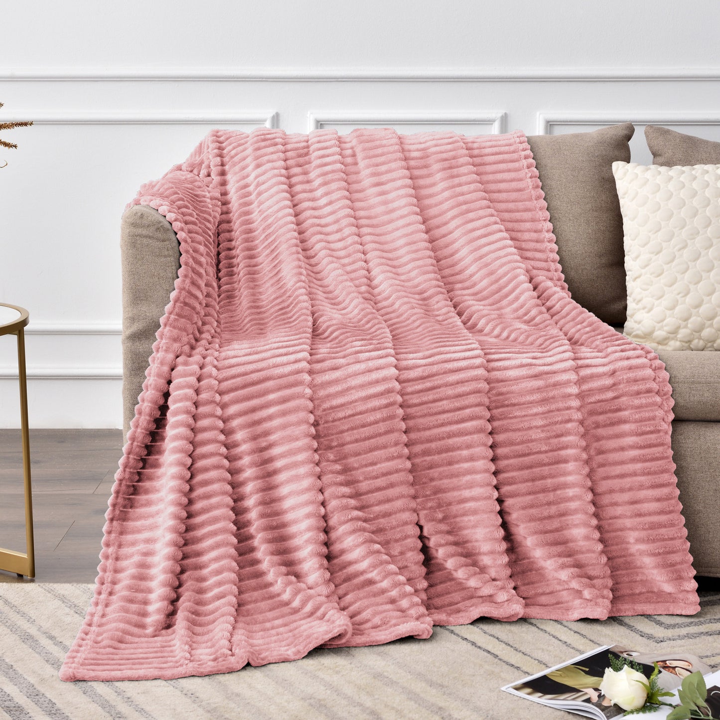 Fleece Blanket - 3D Ribbed Jacquard Decorative Throw Blanket for Couch & Bed, Lightweight Warm Cozy Soft Fuzzy Blankets All Seasons Suitable