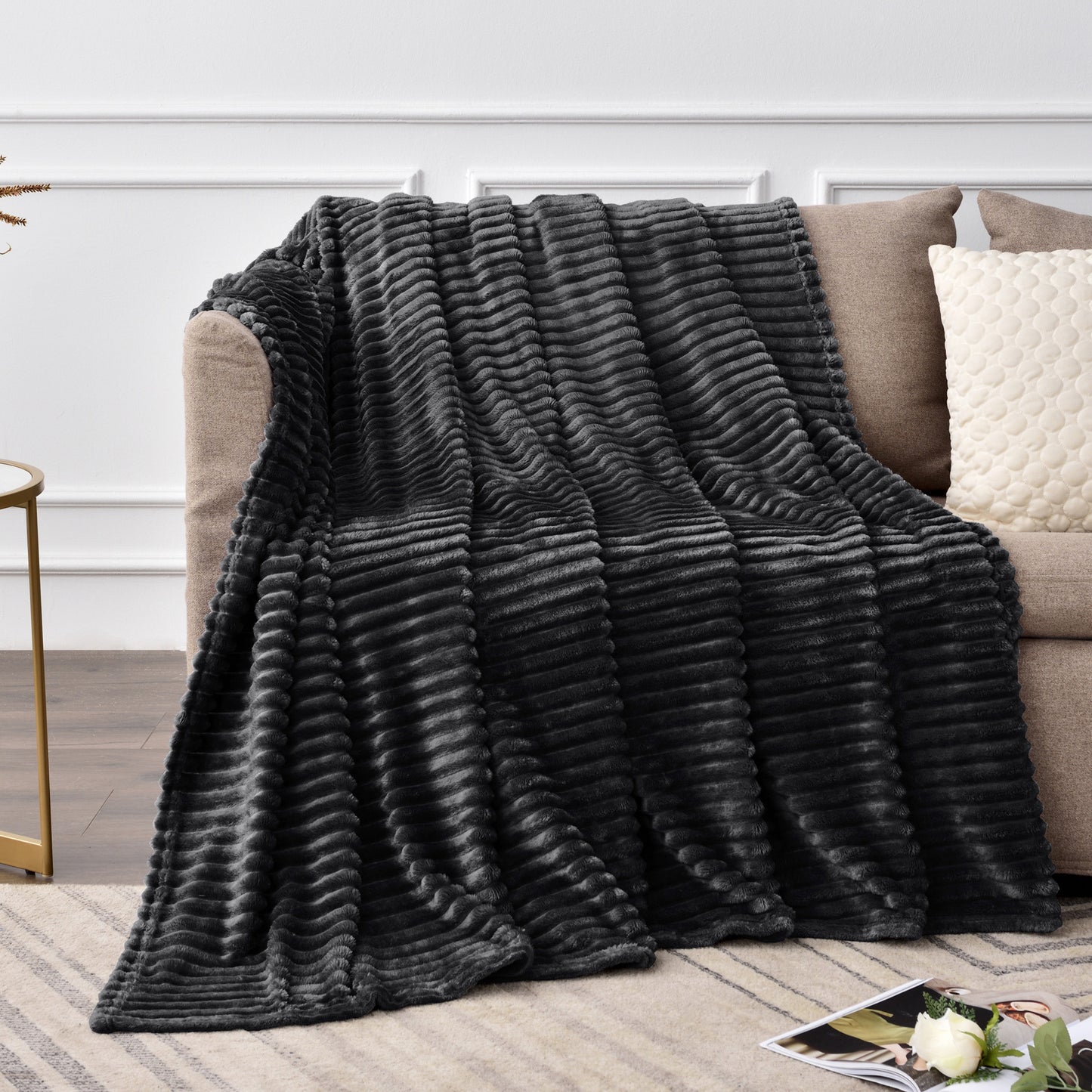 Fleece Blanket - 3D Ribbed Jacquard Decorative Throw Blanket for Couch & Bed, Lightweight Warm Cozy Soft Fuzzy Blankets All Seasons Suitable