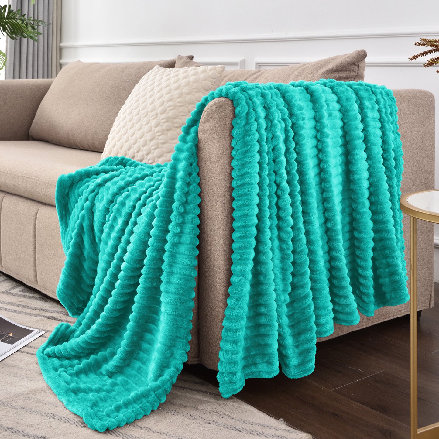 Fleece Blanket - 3D Ribbed Jacquard Decorative Throw Blanket for Couch & Bed, Lightweight Warm Cozy Soft Fuzzy Blankets All Seasons Suitable