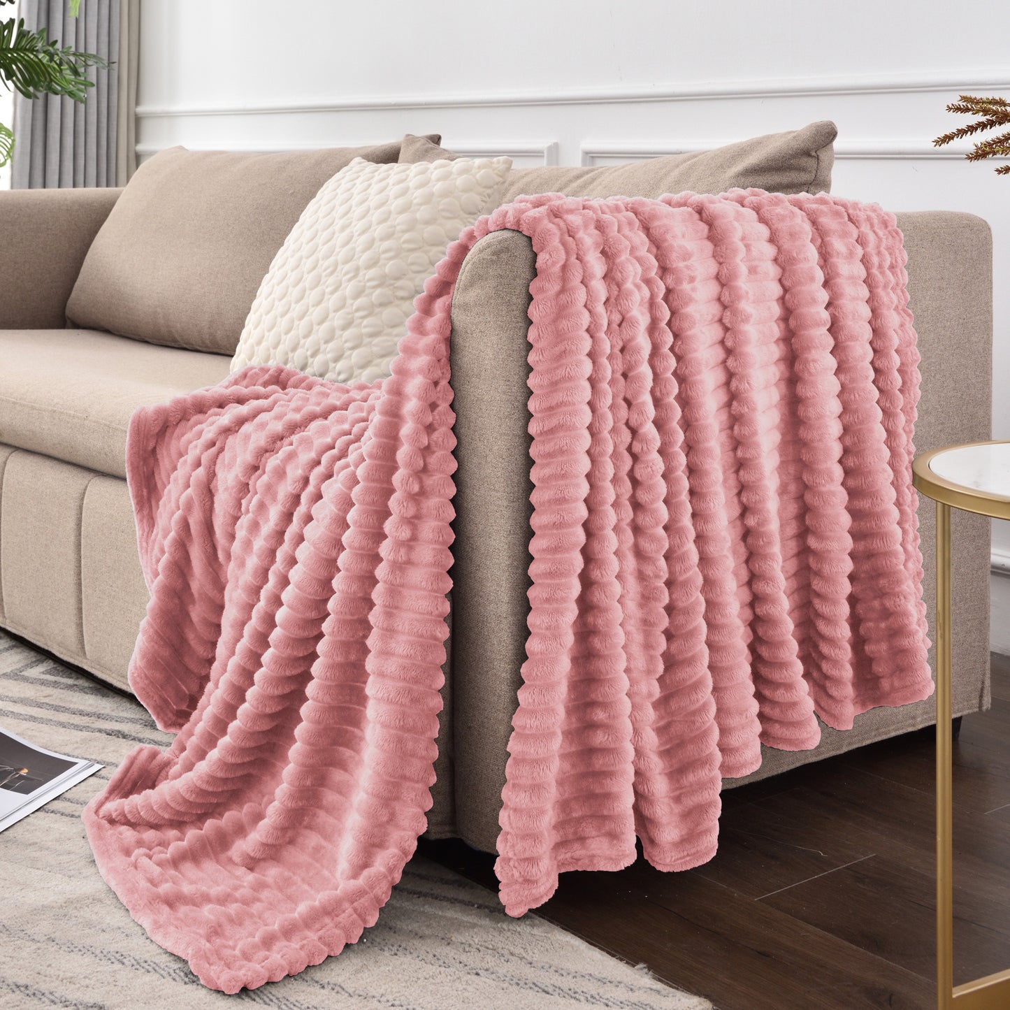 Fleece Blanket - 3D Ribbed Jacquard Decorative Throw Blanket for Couch & Bed, Lightweight Warm Cozy Soft Fuzzy Blankets All Seasons Suitable