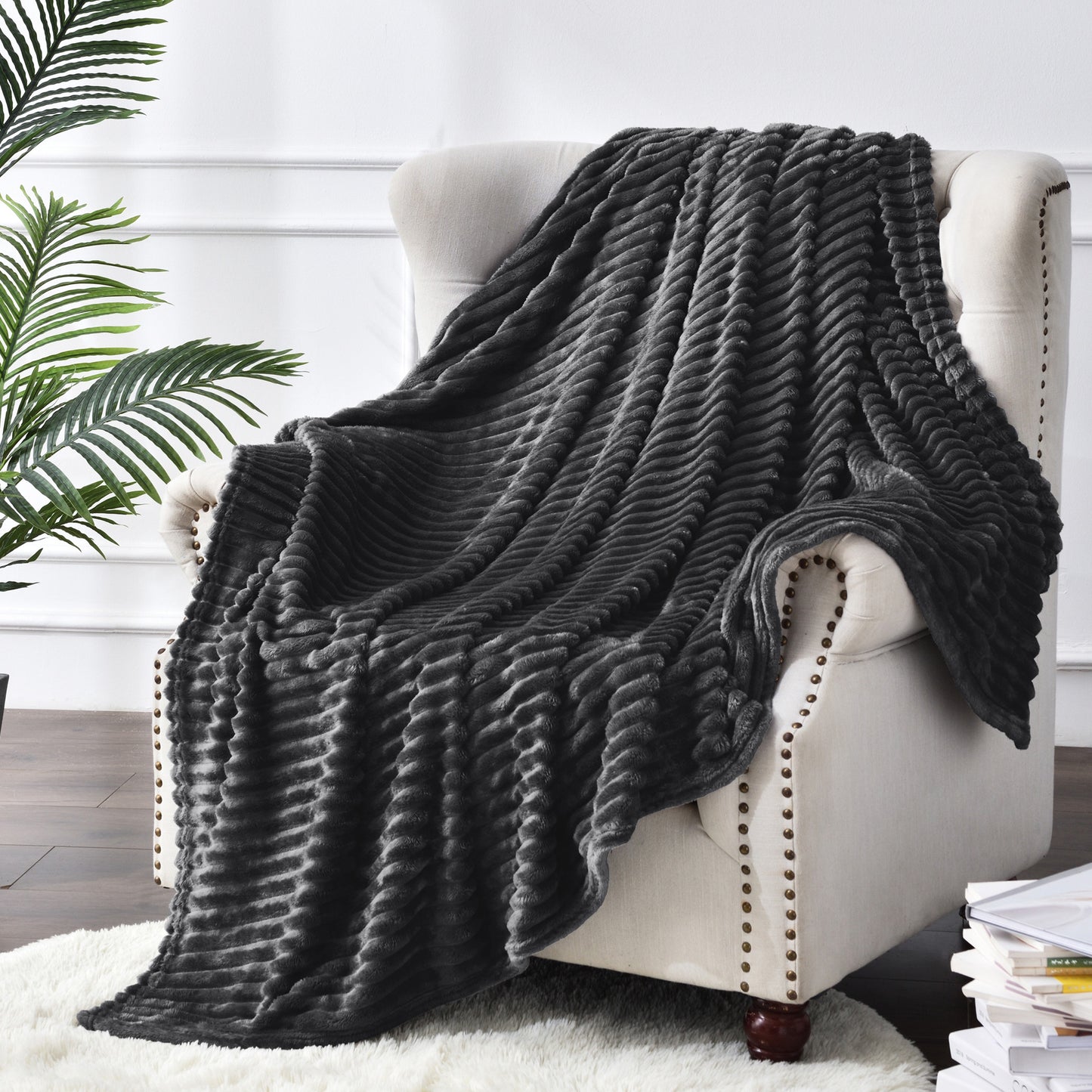 Fleece Blanket - 3D Ribbed Jacquard Decorative Throw Blanket for Couch & Bed, Lightweight Warm Cozy Soft Fuzzy Blankets All Seasons Suitable